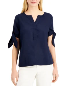 Women's Linen Split-Neck Tie-Cuff Top
