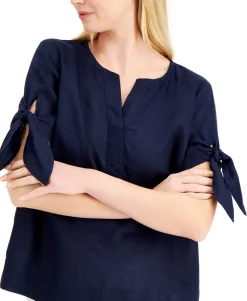 Women's Linen Split-Neck Tie-Cuff Top