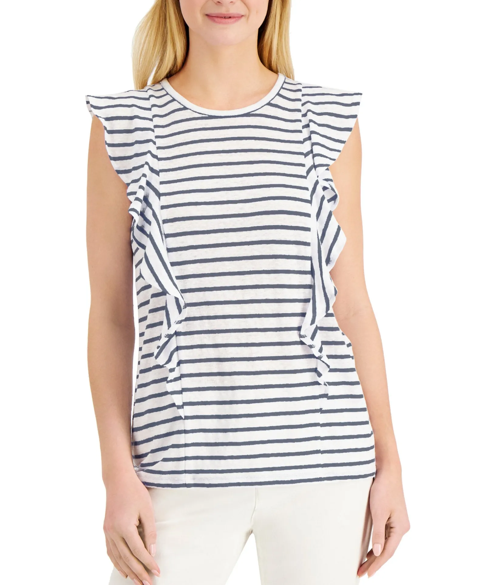 Women's Linen Striped Ruffled Top