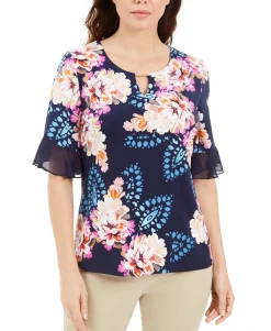 Women's Liza Floral-Print Keyhole Top