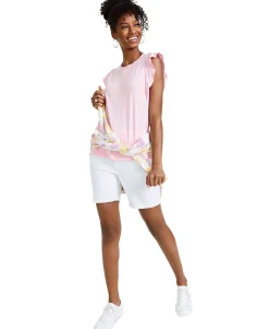 Women's Mixed Media Flutter-Sleeve Top