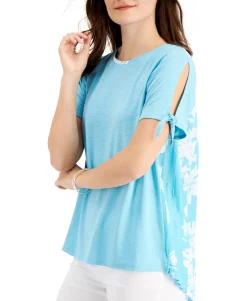 Women's Mixed-Media Tied-Sleeve Top