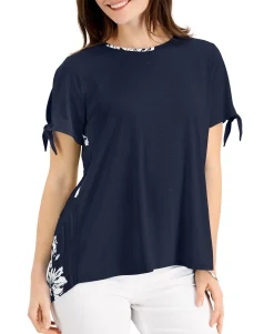 Women's Mixed-Media Tied-Sleeve Top