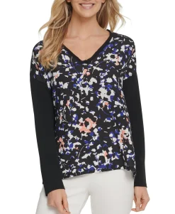 Women's Mixed-Media V-Neck Top