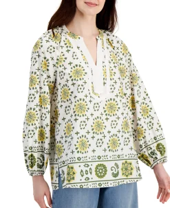 Women's Petite Cotton Border-Print Tunic