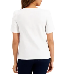 Women's Petite Cotton Knit Split-Sleeve Top