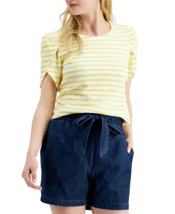 Women's Petite Cotton Knit Striped Split-Sleeve Top