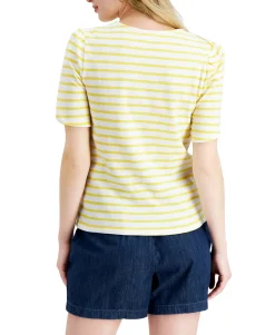 Women's Petite Cotton Knit Striped Split-Sleeve Top