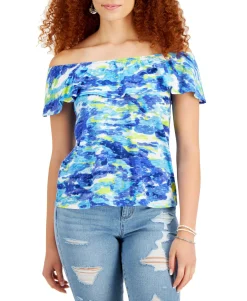 Women's Petite Cotton Printed Off-The-Shoulder Top