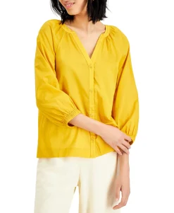 Women's Petite Cotton Y-Neck Top