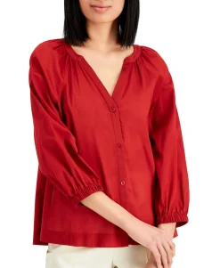 Women's Petite Cotton Y-Neck Top