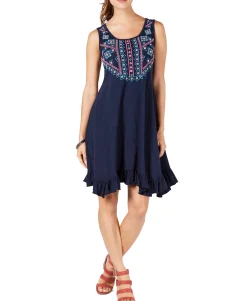 Women's Petite Embroidered Ruffle-Hem Dress