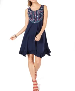 Women's Petite Embroidered Ruffle-Hem Dress