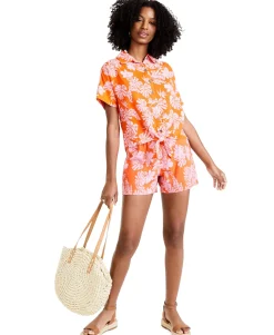 Women's Petite Floral-Print Tie-Waist Cotton Shirt