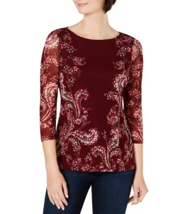 Women's Petite Floral-Print Mesh Top