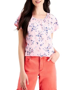 Women's Petite Pleated Floral-Print Top