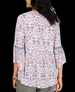 Women's Petite Printed Mesh Lantern-Sleeve Top