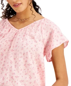 Women's Petite Printed V-Neck Flounce Top