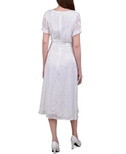 Women's Petite Short Sleeve Belted Swiss Dot Dress