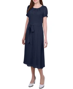 Women's Petite Short Sleeve Belted Swiss Dot Dress