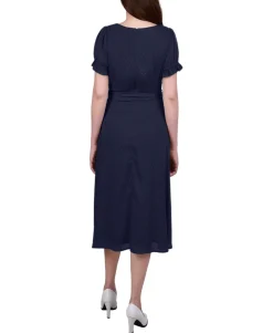 Women's Petite Short Sleeve Belted Swiss Dot Dress