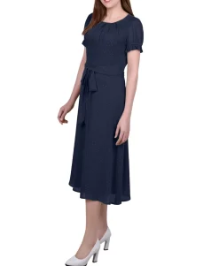 Women's Petite Short Sleeve Belted Swiss Dot Dress