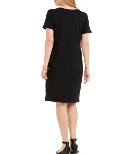 Women's Petite Split-Neck Embroidered Dress