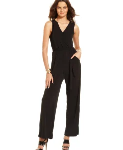Women's Petite Surplice Belted Wide-Leg Jumpsuit