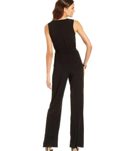 Women's Petite Surplice Belted Wide-Leg Jumpsuit