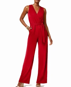Women's Petite Surplice Belted Wide-Leg Jumpsuit