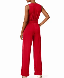 Women's Petite Surplice Belted Wide-Leg Jumpsuit