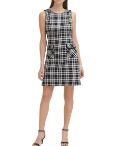 Women's Petite Textured Knit Plaid A-Line Dress