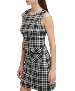 Women's Petite Textured Knit Plaid A-Line Dress