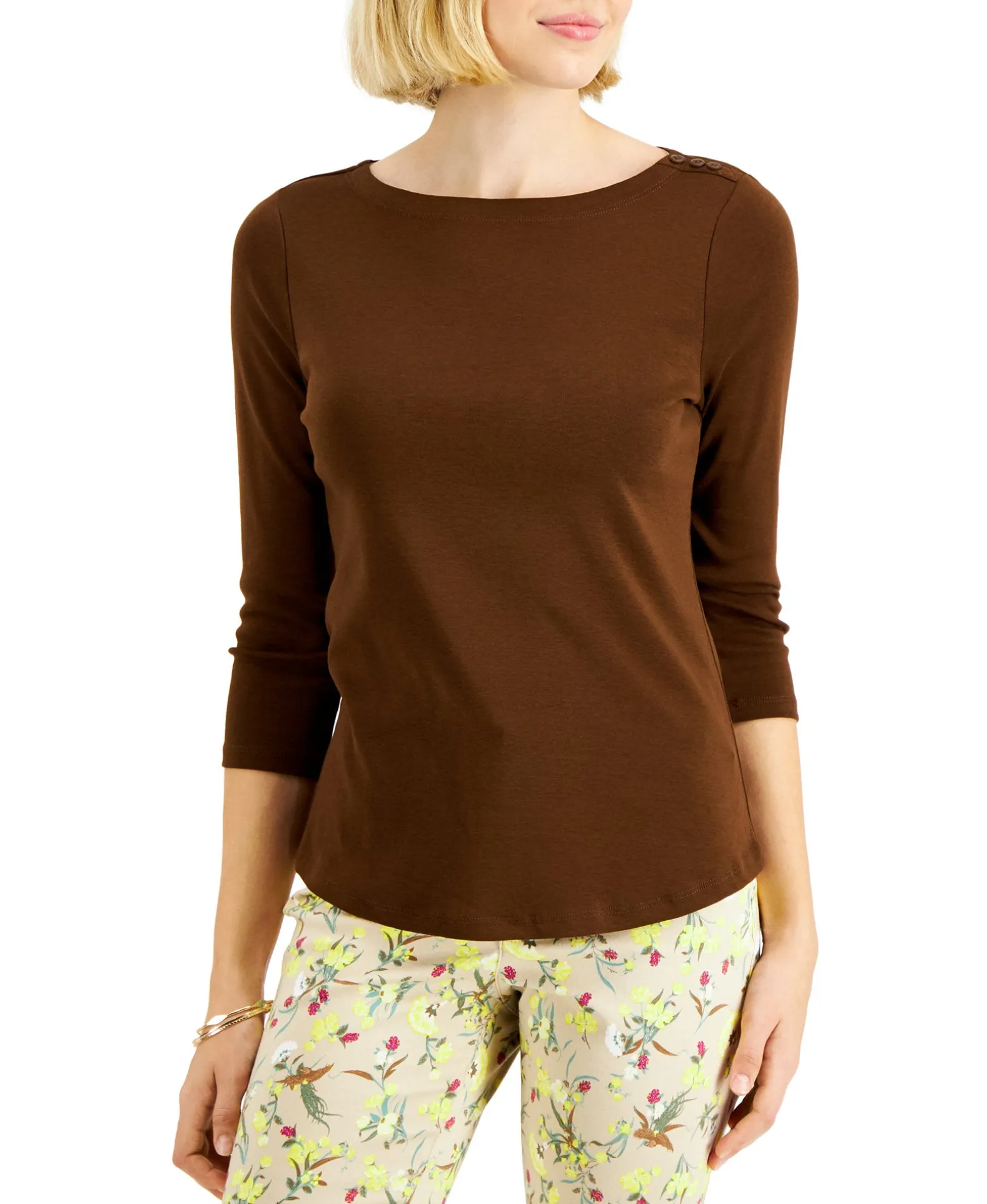 Women's Pima Cotton Boat-Neck Button-Shoulder Top