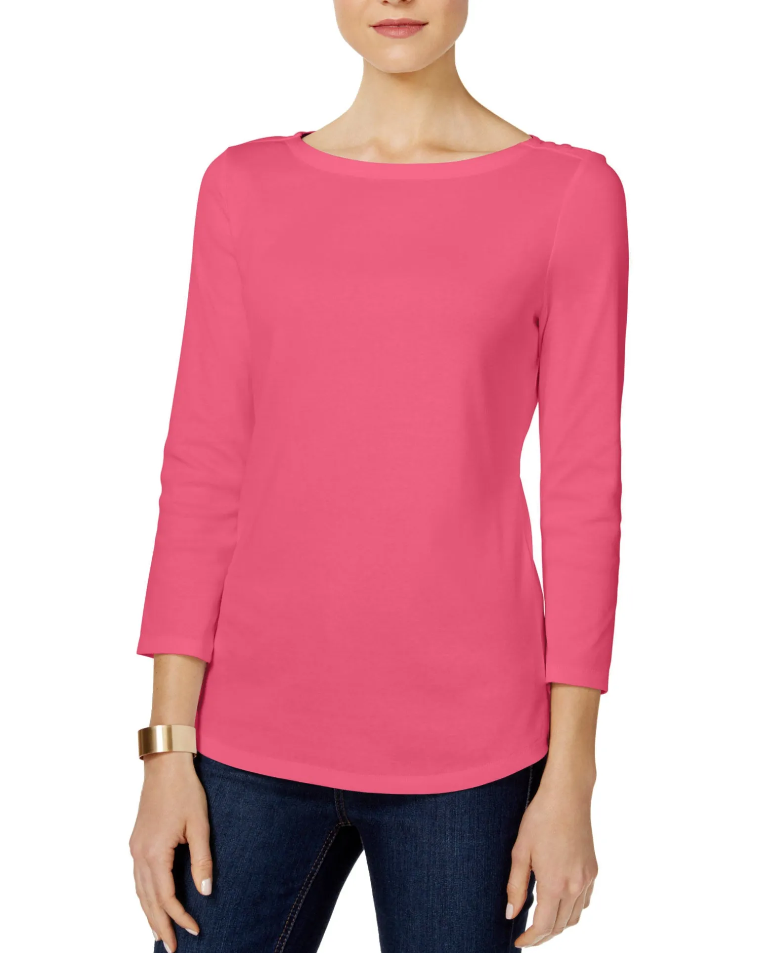 Women's Pima Cotton Boat-Neck Button-Shoulder Top