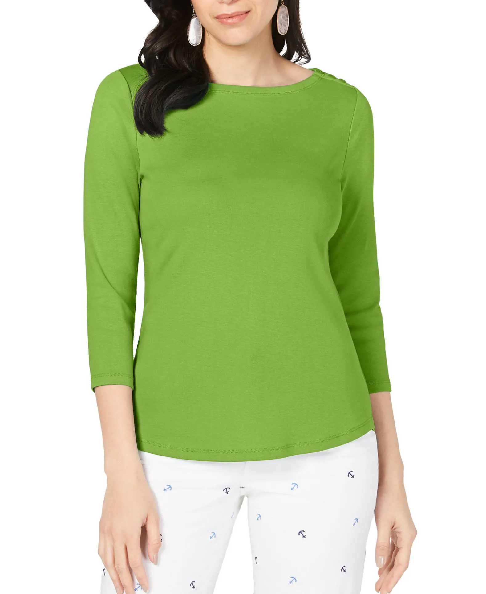 Women's Pima Cotton Boat-Neck Button-Shoulder Top