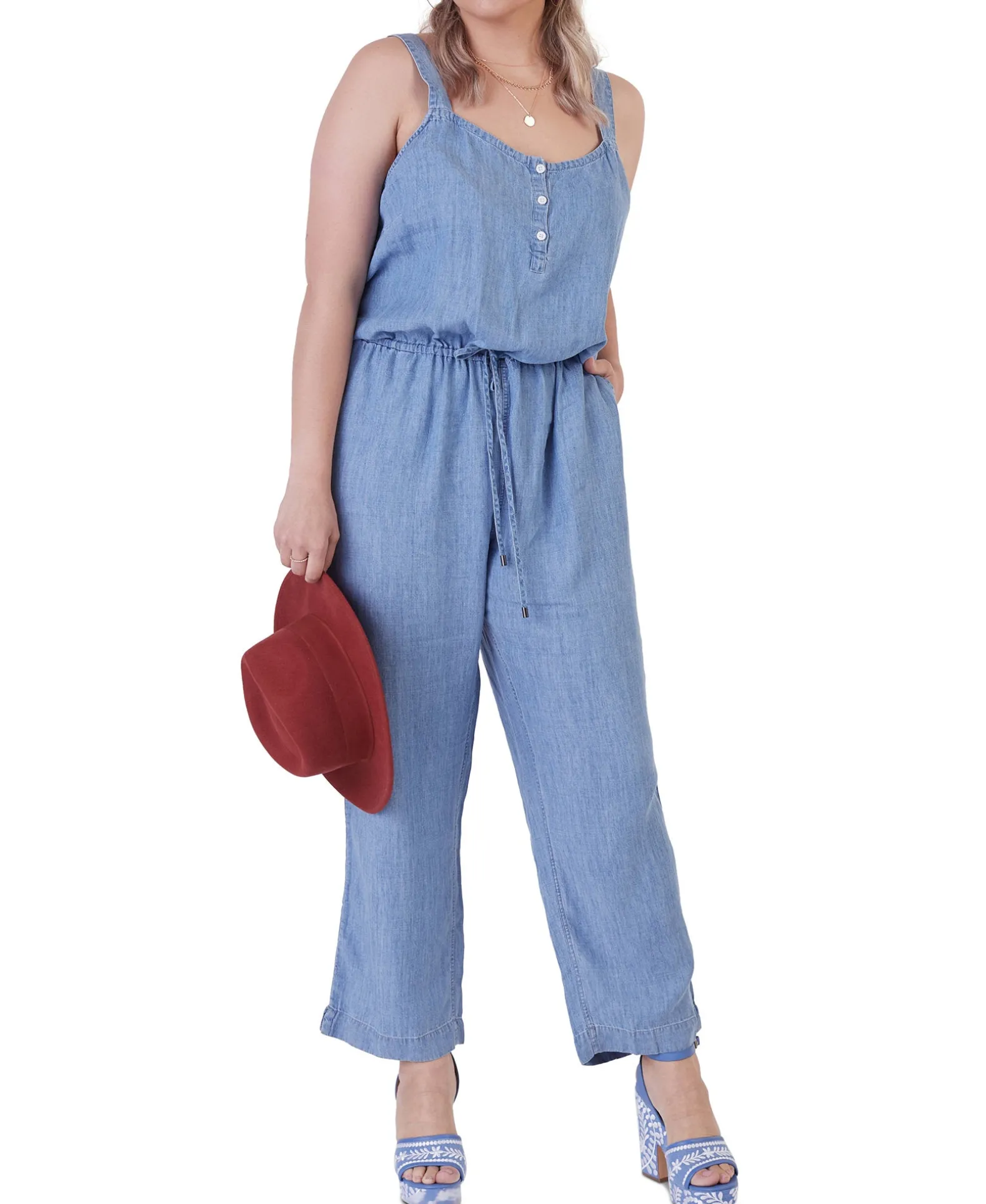 Women's Plus Button Front Drawstring Jumpsuit