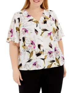 Women's Plus Button-Front Flutter-Sleeve Top