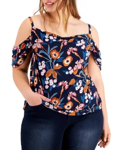 Women's Plus Cold-Shoulder Drape-Sleeve Top