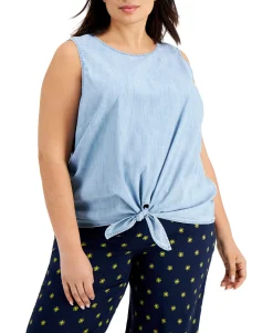 Women's Plus Cotton Chambray Tie-Hem Top