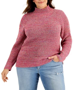 Women's Plus Cotton Marled Funnel-Neck Sweater