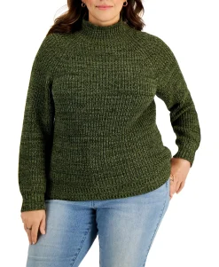 Women's Plus Cotton Marled Funnel-Neck Sweater
