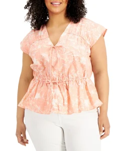 Women's Plus Cotton Printed Ruched-Seam V-Neck Top