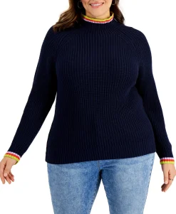 Women's Plus Cotton Striped-Detail Funnel-Neck Sweater