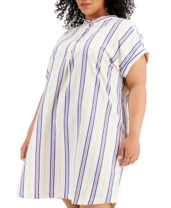 Women's Plus Cotton Striped Camp Shirtdress
