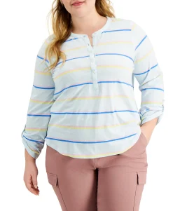 Women's Plus Cotton Striped Roll-Tab Top