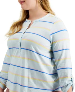 Women's Plus Cotton Striped Roll-Tab Top