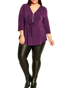 Women's Plus Lia Tie Waist Zip Plain Tunic Top