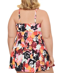 Women's Plus Printed Botanical Beauty Bow-Front Tummy-Control Swimdress