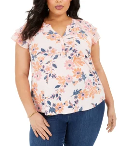 Women's Plus Printed Flutter-Sleeve Top